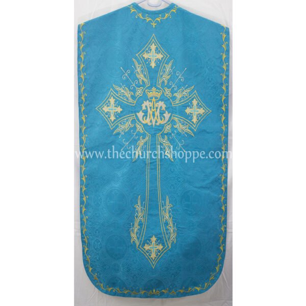 MARIAN BLUE ROMAN FIDDLEBACK CHASUBLE AND MASS SET WITH AM EMBROIDERY