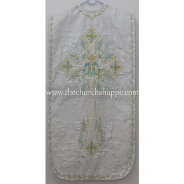 METALLIC SILVER ROMAN FIDDLEBACK CHASUBLE AND MASS SET WITH AM EMBROIDERY