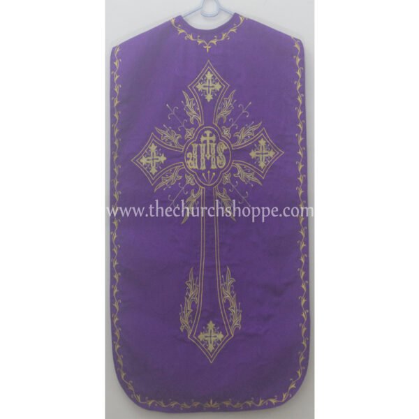 PURPLE ROMAN FIDDLEBACK CHASUBLE AND MASS SET WITH IHS EMBROIDERY
