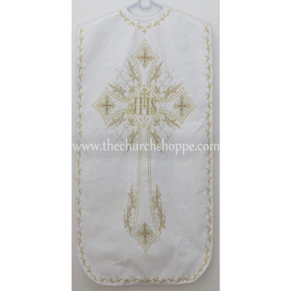 WHITE ROMAN FIDDLEBACK CHASUBLE AND MASS SET WITH IHS EMBROIDERY