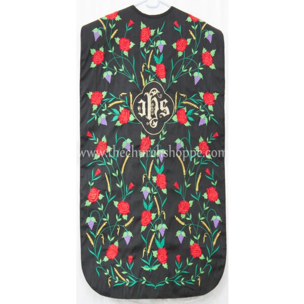 BLACK ROMAN FIDDLEBACK CHASUBLE AND MASS SET WITH IHS EMBROIDERY