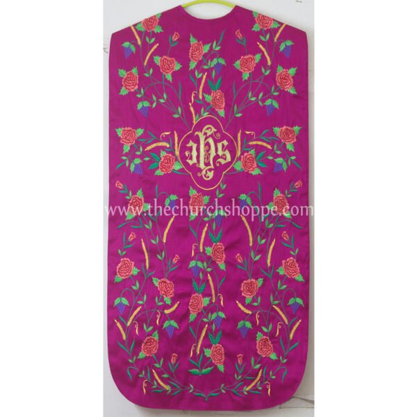 DARK ROSE ROMAN FIDDLEBACK CHASUBLE AND MASS SET WITH IHS EMBROIDERY