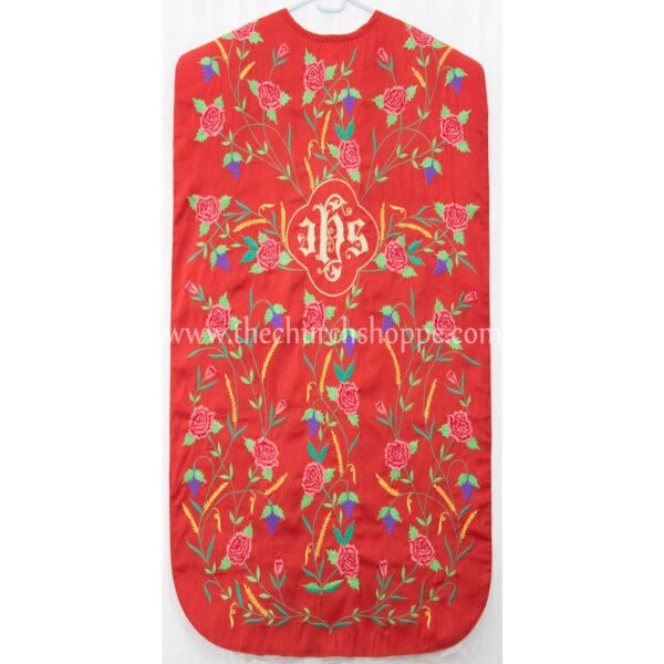 RED ROMAN FIDDLEBACK CHASUBLE AND MASS SET WITH IHS EMBROIDERY