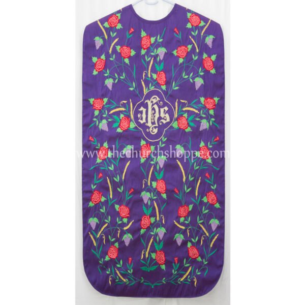 PURPLE ROMAN FIDDLEBACK CHASUBLE AND MASS SET WITH IHS EMBROIDERY