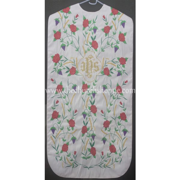 WHITE ROMAN FIDDLEBACK CHASUBLE AND MASS SET WITH IHS EMBROIDERY