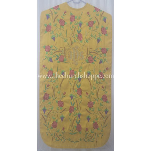 YELLOW ROMAN FIDDLEBACK CHASUBLE AND MASS SET WITH IHS EMBROIDERY