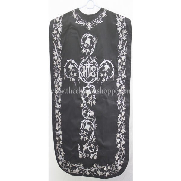 BLACK ROMAN FIDDLEBACK CHASUBLE AND MASS SET WITH IHS EMBROIDERY