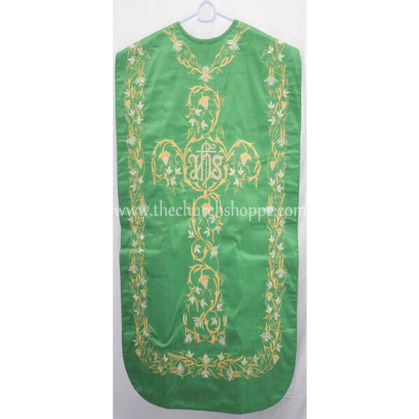 GREEN ROMAN FIDDLEBACK CHASUBLE AND MASS SET WITH IHS EMBROIDERY