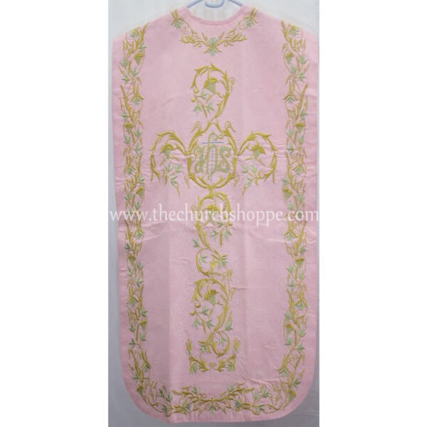 LIGHT ROSE ROMAN FIDDLEBACK CHASUBLE AND MASS SET WITH IHS EMBROIDERY
