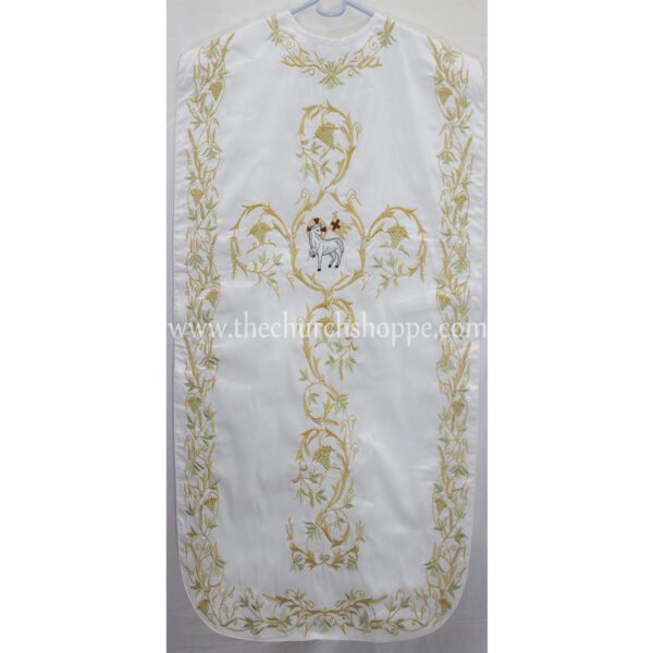 WHITE ROMAN FIDDLEBACK CHASUBLE AND MASS SET WITH AGNUS DEI EMBROIDERY