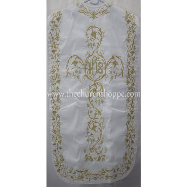 WHITE ROMAN FIDDLEBACK CHASUBLE AND MASS SET WITH IHS EMBROIDERY
