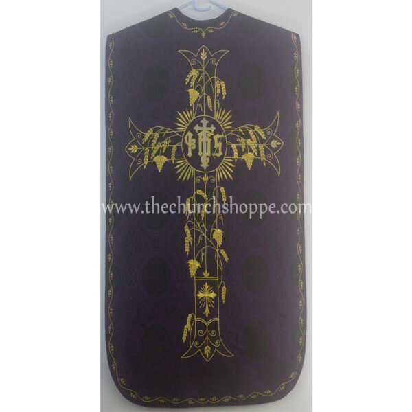 BLACK WITH PURPLE ROMAN FIDDLEBACK CHASUBLE AND MASS SET WITH IHS EMBROIDERY