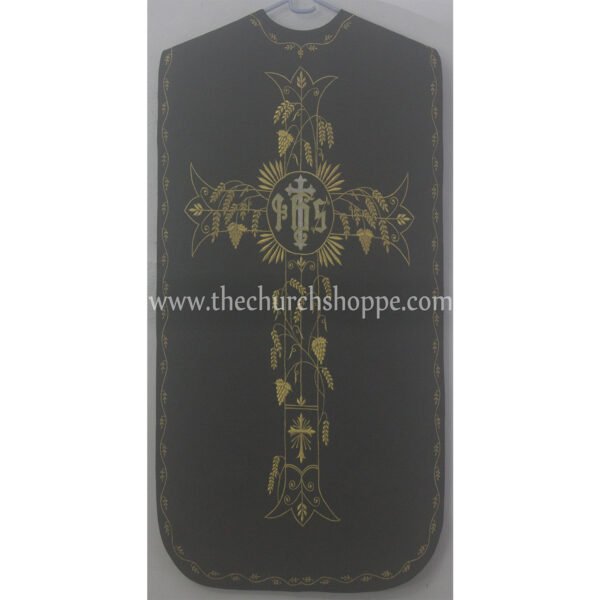 BLACK ROMAN FIDDLEBACK CHASUBLE AND MASS SET WITH IHS EMBROIDERY
