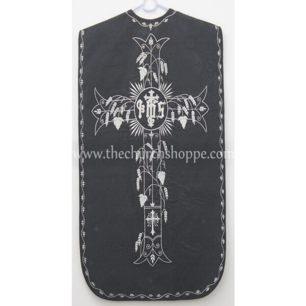 BLACK ROMAN FIDDLEBACK CHASUBLE AND MASS SET WITH IHS EMBROIDERY