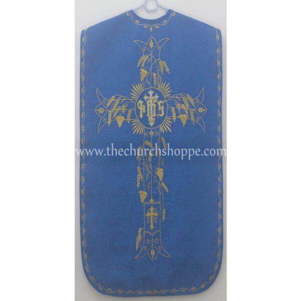 BLUE ROMAN FIDDLEBACK CHASUBLE AND MASS SET WITH IHS EMBROIDERY