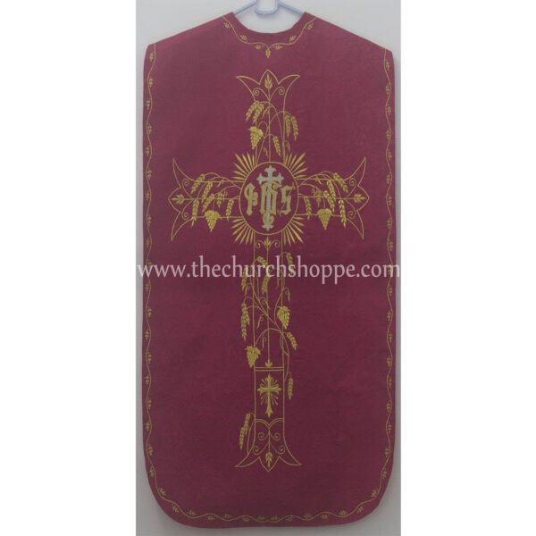 DARK ROSE ROMAN FIDDLEBACK CHASUBLE AND MASS SET WITH IHS EMBROIDERY