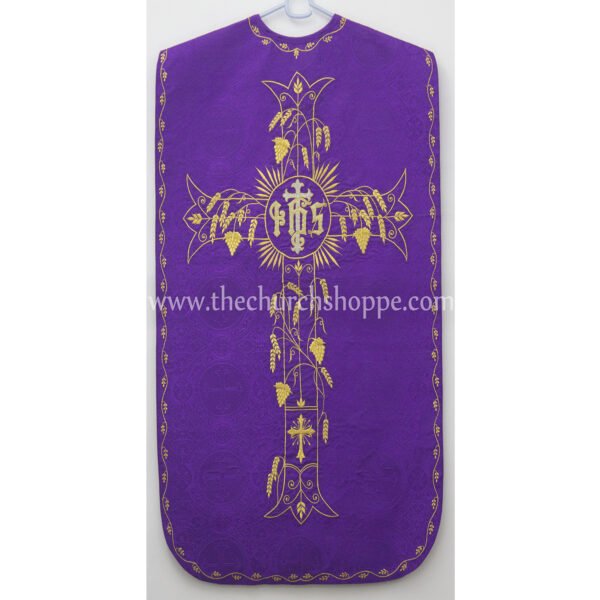 PURPLE ROMAN FIDDLEBACK CHASUBLE AND MASS SET WITH IHS EMBROIDERY