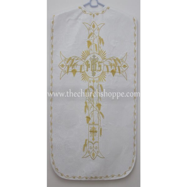 WHITE ROMAN FIDDLEBACK CHASUBLE AND MASS SET WITH IHS EMBROIDERY