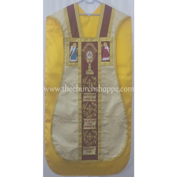 METALLIC GOLD ROMAN FIDDLEBACK CHASUBLE AND MASS SET WITH CORPUS CHRISTI EMBROIDERY