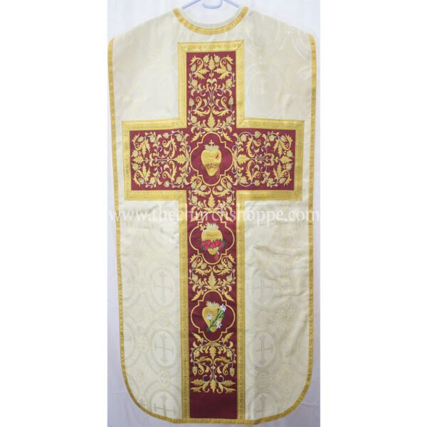 METALLIC GOLD ROMAN FIDDLEBACK CHASUBLE AND MASS SET WITH THREE HEARTS OF THE HOLY FAMILY EMBROIDERY