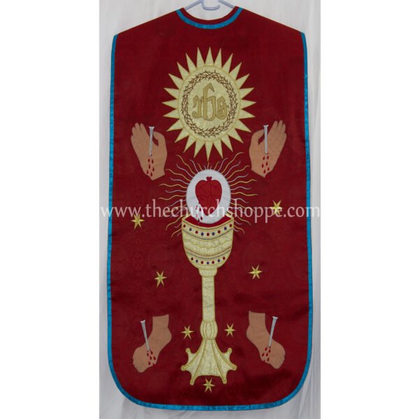 RED ROMAN FIDDLEBACK CHASUBLE AND MASS SET WITH FIVE WOUNDS OF CHRIST EMBROIDERY