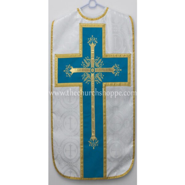 METALLIC SILVER ROMAN FIDDLEBACK CHASUBLE AND MASS SET WITH AM EMBROIDERY