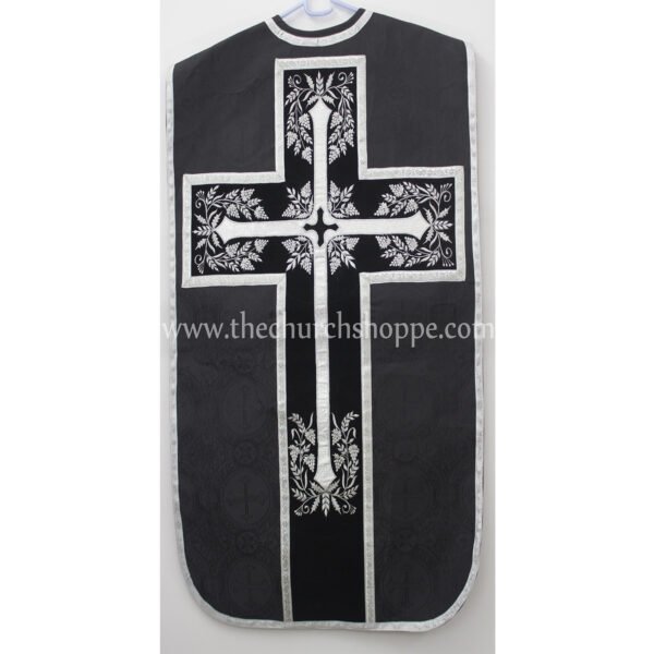 BLACK ROMAN FIDDLEBACK CHASUBLE AND MASS SET WITH IHS EMBROIDERY