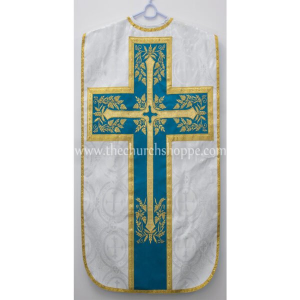 METALLIC SILVER ROMAN FIDDLEBACK CHASUBLE AND MASS SET WITH AM EMBROIDERY