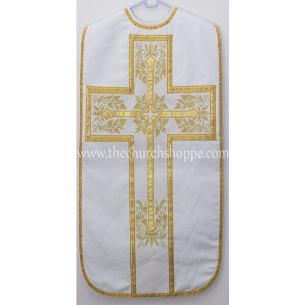 WHITE ROMAN FIDDLEBACK CHASUBLE AND MASS SET WITH IHS EMBROIDERY