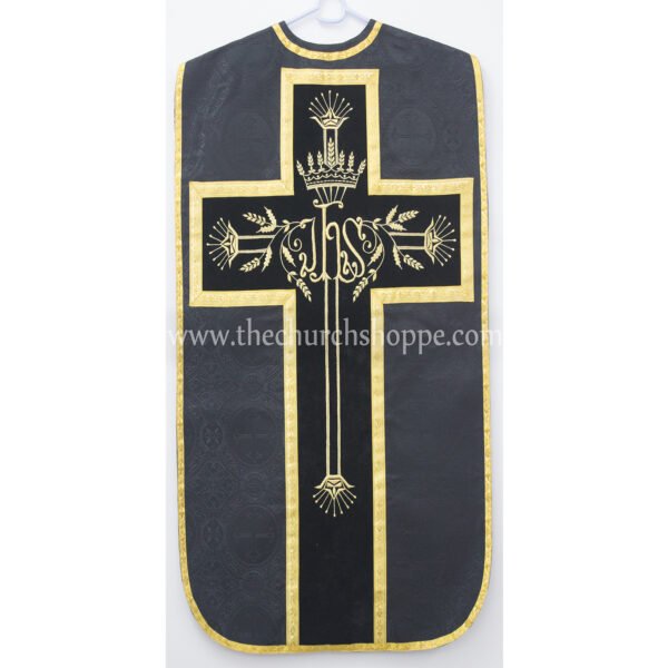 BLACK ROMAN FIDDLEBACK CHASUBLE AND MASS SET WITH IHS EMBROIDERY