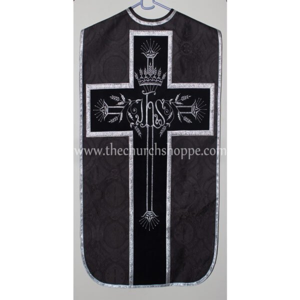BLACK ROMAN FIDDLEBACK CHASUBLE AND MASS SET WITH IHS EMBROIDERY