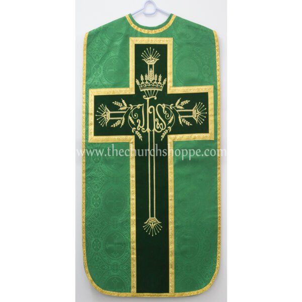 GREEN ROMAN FIDDLEBACK CHASUBLE AND MASS SET WITH IHS EMBROIDERY