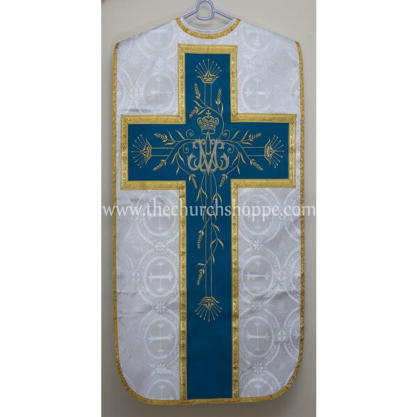 METALLIC SILVER ROMAN FIDDLEBACK CHASUBLE AND MASS SET WITH AM EMBROIDERY