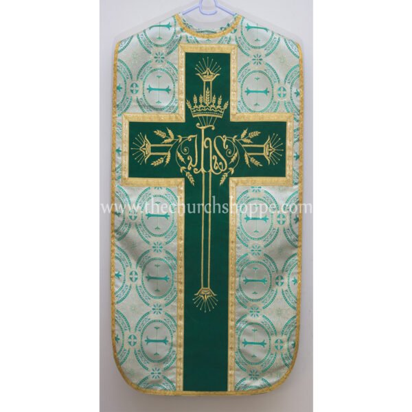 GREEN METALLIC ROMAN FIDDLEBACK CHASUBLE AND MASS SET WITH IHS EMBROIDERY