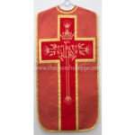 RED ROMAN FIDDLEBACK CHASUBLE AND MASS SET WITH IHS EMBROIDERY