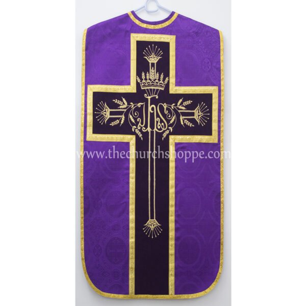 PURPLE ROMAN FIDDLEBACK CHASUBLE AND MASS SET WITH IHS EMBROIDERY