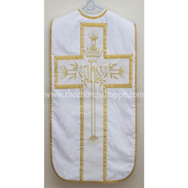 WHITE ROMAN FIDDLEBACK CHASUBLE AND MASS SET WITH IHS EMBROIDERY