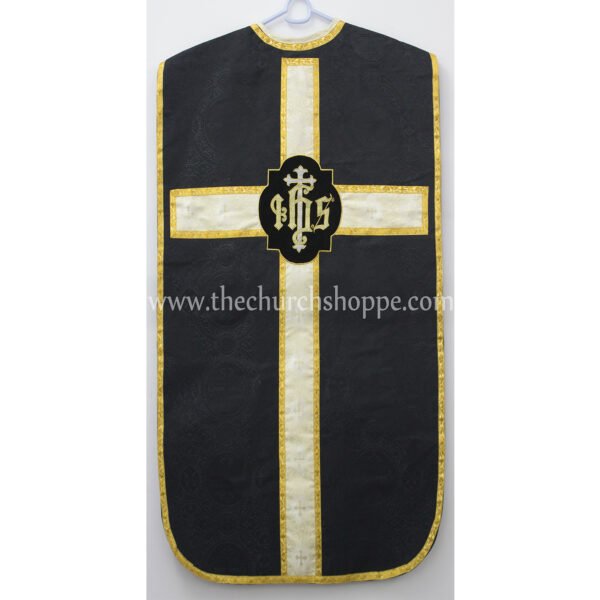 BLACK ROMAN FIDDLEBACK CHASUBLE AND MASS SET WITH IHS EMBROIDERY