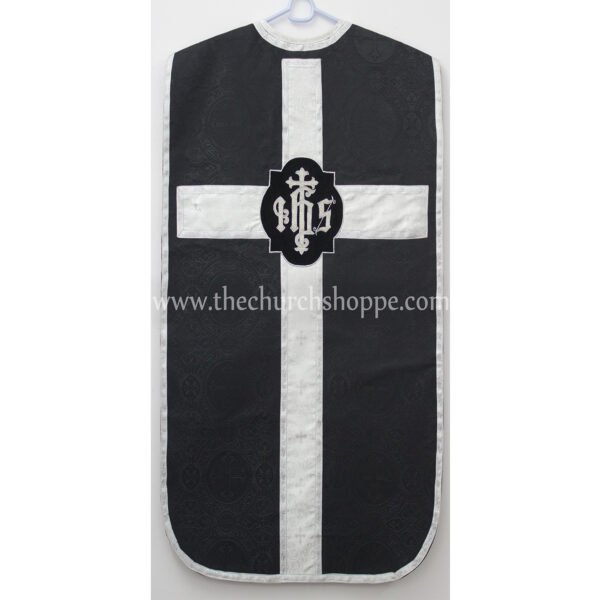 BLACK ROMAN FIDDLEBACK CHASUBLE AND MASS SET WITH IHS EMBROIDERY