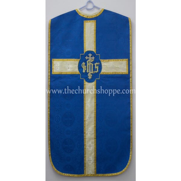 BLUE ROMAN FIDDLEBACK CHASUBLE AND MASS SET WITH IHS EMBROIDERY