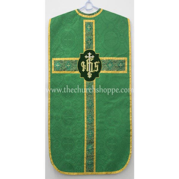 GREEN ROMAN FIDDLEBACK CHASUBLE AND MASS SET WITH IHS EMBROIDERY