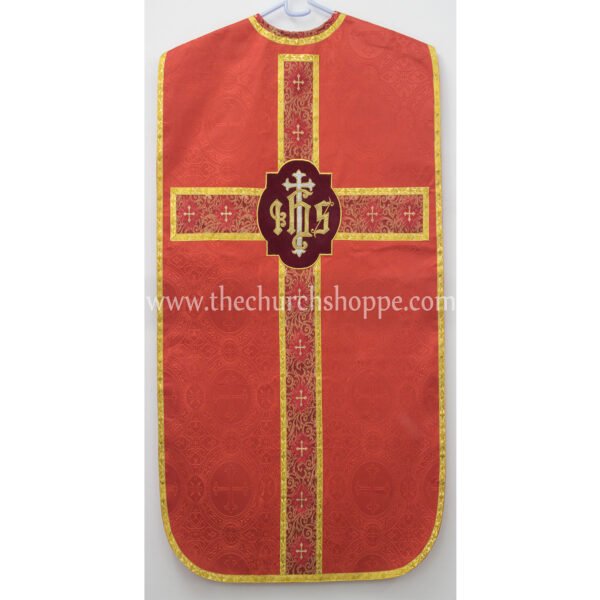 RED ROMAN FIDDLEBACK CHASUBLE AND MASS SET WITH IHS EMBROIDERY