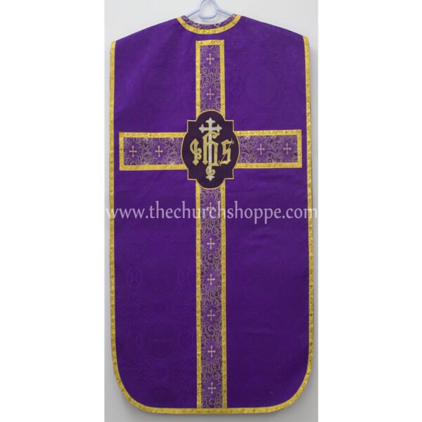 PURPLE ROMAN FIDDLEBACK CHASUBLE AND MASS SET WITH IHS EMBROIDERY