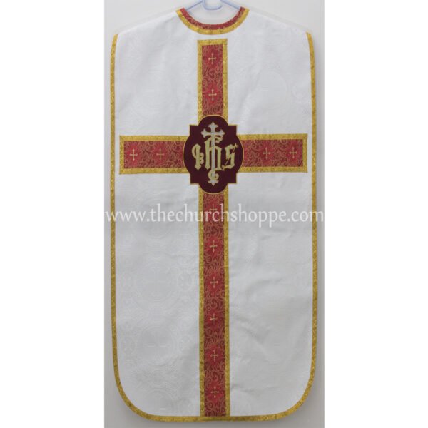 WHITE ROMAN FIDDLEBACK CHASUBLE AND MASS SET WITH IHS EMBROIDERY