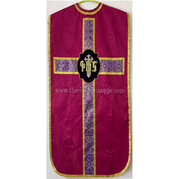 DARK ROSE ROMAN FIDDLEBACK CHASUBLE AND MASS SET WITH IHS EMBROIDERY