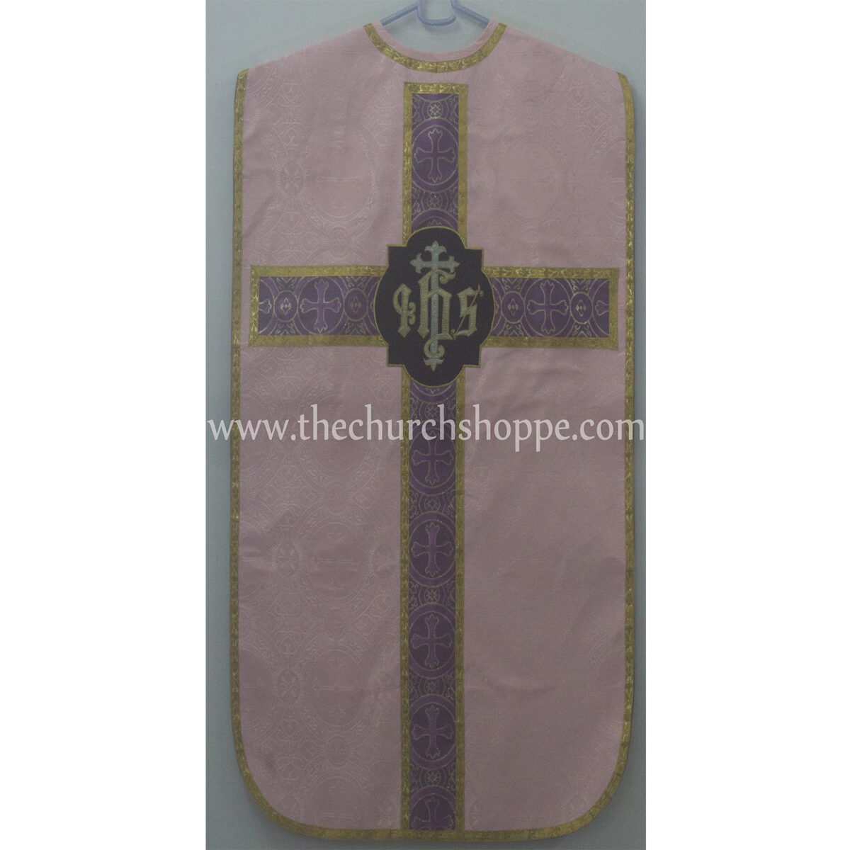 LIGHT ROSE ROMAN FIDDLEBACK CHASUBLE AND MASS SET WITH IHS EMBROIDERY - Image 1
