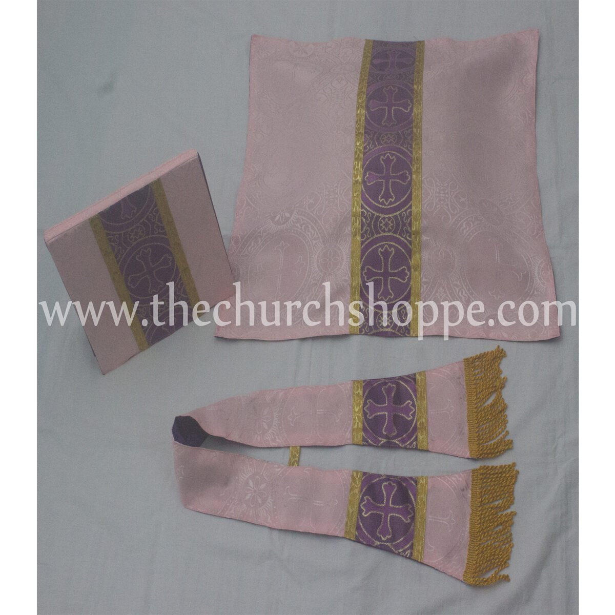 LIGHT ROSE ROMAN FIDDLEBACK CHASUBLE AND MASS SET WITH IHS EMBROIDERY - Image 4