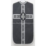 BLACK ROMAN FIDDLEBACK CHASUBLE AND MASS SET WITH IHS EMBROIDERY