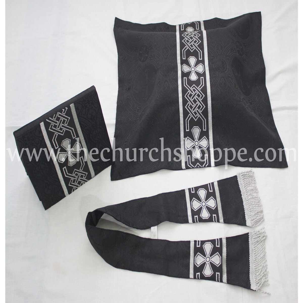 BLACK ROMAN FIDDLEBACK CHASUBLE AND MASS SET WITH IHS EMBROIDERY - Image 4