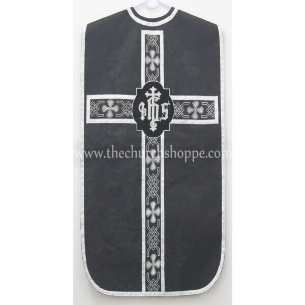 BLACK ROMAN FIDDLEBACK CHASUBLE AND MASS SET WITH IHS EMBROIDERY